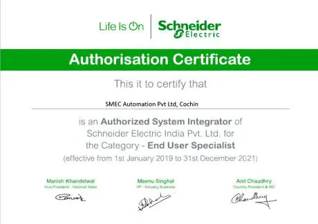 schneider electric authorisation certificate for smec automation